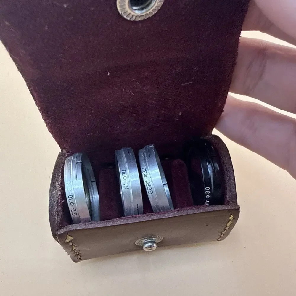 Vintage Meopta 4 Camera Filters, And Pax Leather Case With Hood
